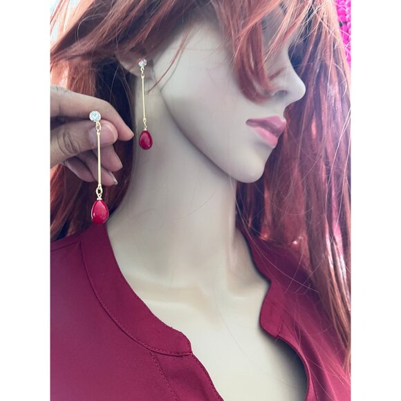 Red drop earrings red gold earrings teardrop chandelier long earrings rhinestone - Picture 3 of 8